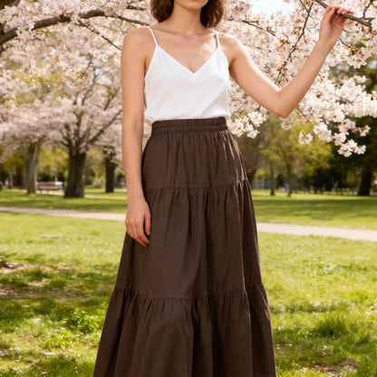 Gonna lunga da donna casual a balze, linea ad A, con coulisse in vita
