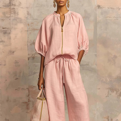 👚 SCONTO DEL 50% PER UN PERIODO LIMITATO! 👖 Tuta sportiva da donna a due pezzi in tinta unita – Maniche a sbuffo, gamba larga, dettaglio con cerniera ✨