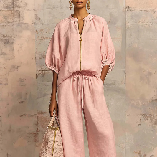 👚 SCONTO DEL 50% PER UN PERIODO LIMITATO! 👖 Tuta sportiva da donna a due pezzi in tinta unita – Maniche a sbuffo, gamba larga, dettaglio con cerniera ✨