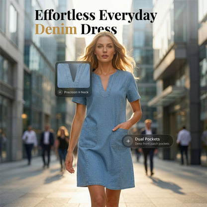 Abito da donna in denim a maniche corte con scollo a V