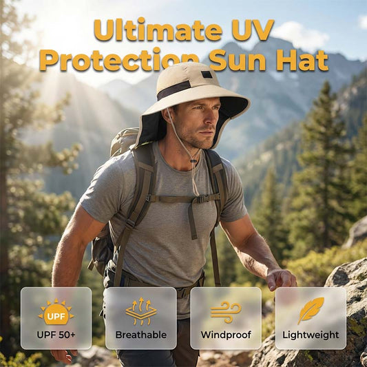 🧢☀️ Cappello a tesa larga con protezione UPF 50+ e paracollo 🛡️🌿