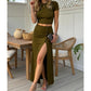 Set composto da top a maniche corte e gonna midi con spacco da donna