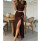 Set composto da top a maniche corte e gonna midi con spacco da donna