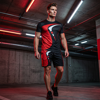 Completo da uomo composto da t-shirt e pantaloncini con stampa grafica.