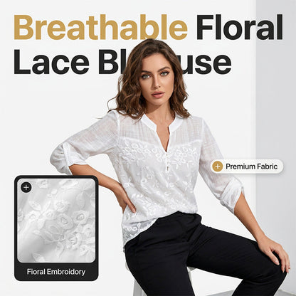 👚 SCONTO DEL 50% A TEMPO LIMITATO! ✨ Camicetta con scollo a V e inserti in pizzo – Ricamata, maniche arrotolabili, eleganza disinvolta 🌸