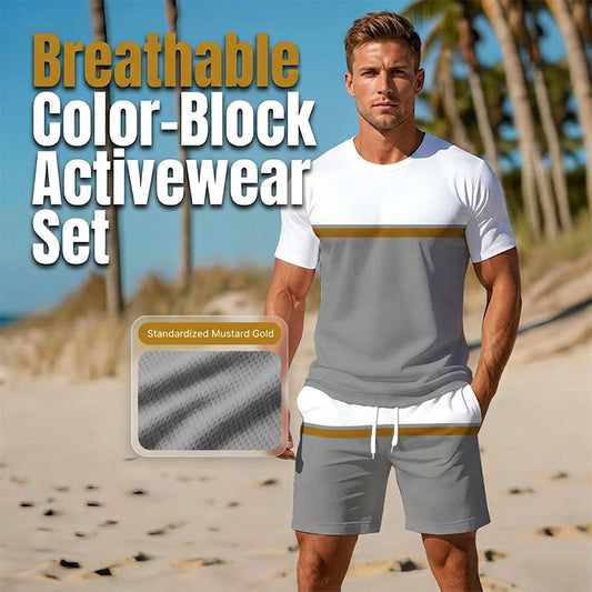 🏖️👕 Completo sportivo estivo da uomo color-block: t-shirt traspirante e pantaloncini con coulisse, due pezzi.