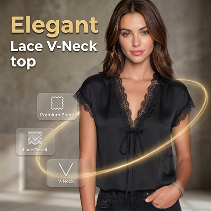 👚 ORA SCONTATO DEL 50%! 🌙 Top da donna con scollo a V e pizzo – Maniche corte, elegante e perfetto per il giorno e per la sera – Raffinata lavorazione in pizzo, drappeggio morbido, fascino femminile 🌸