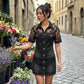 👗 OFFERTA LIMITATA 50% DI SCONTO! 💥 Mini Abito in Denim con Pizzo Trasparente da Donna – Texture a Contrasto, Sexy e Dolce, Perfetto per il Club ✨