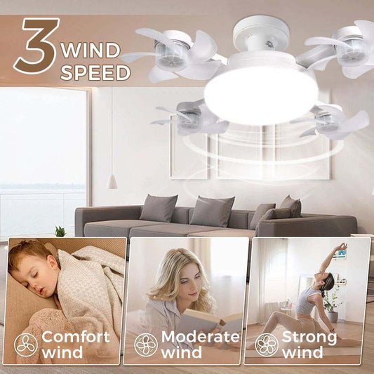 Ventilatore da soffitto con luce LED pieghevole e telecomando, compatibile con attacco E27, illuminazione e funzioni regolabili; modello da camera da letto a 3 pale (50W) o 4 pale (60W)