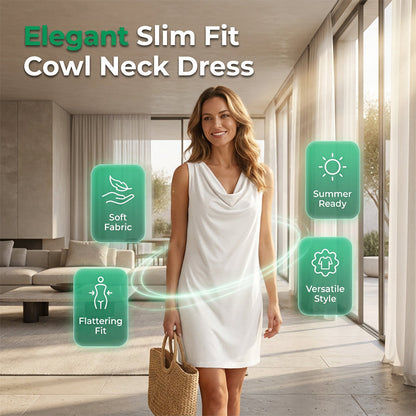 👗 50% DI SCONTO ORA! ⏰ Elegante Abito Slim Fit con Scollo a Cowl – Senza maniche, tasche laterali e versatile – Drappeggio valorizzante, perfetto per il lavoro o le serate – Comodo e chic ✨🌸