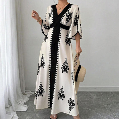 Maxi Vestito Elegante da Donna con Scollo a V e Stampa