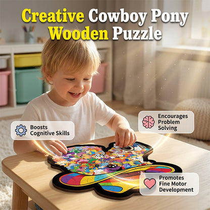 Puzzle in Legno a Forma di Animali – Pony con Cappello da Cowboy, Gioco di Impilamento