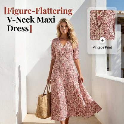Vestito Maxi da Donna con Scollo V, Stampa e Mezze Maniche