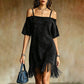Abito da donna con spalle scoperte, spalline e frange