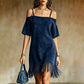 Abito da donna con spalle scoperte, spalline e frange