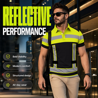 Camicia a Maniche Corte ad Alta Visibilità con Strisce Riflettenti da Uomo
