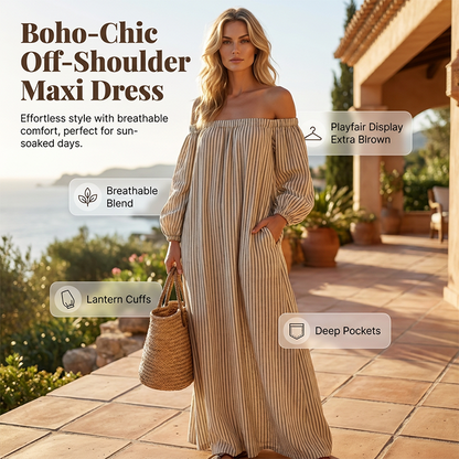 Vestito Maxi da Donna con Spalle Scoperte e Maniche a Lanterna