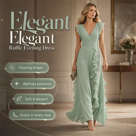 Abito Maxi in Chiffon con Scollo a V e Volant da Donna