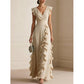 Abito Maxi in Chiffon con Scollo a V e Volant da Donna
