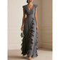Abito Maxi in Chiffon con Scollo a V e Volant da Donna