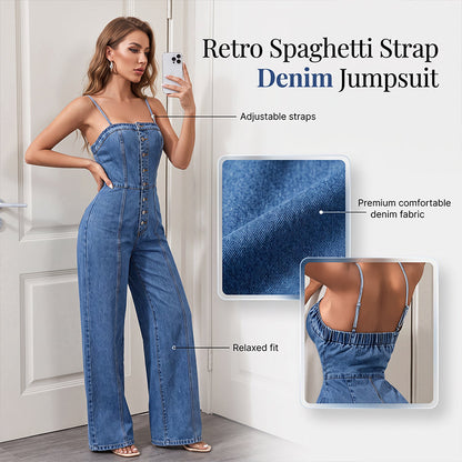 🎁Nuovi Arrivi 2026 50% OFF💥Tuta Denim a Gamba Larga con Spalline Sottili da Donna ☁️☀️