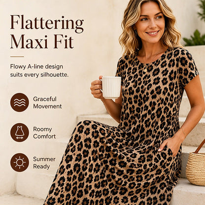 🌸 50% DI SCONTO ORA! 🌸 Abito Maxi da Donna con Stampa Leopardata e Tasche, Maniche Corte, Casual