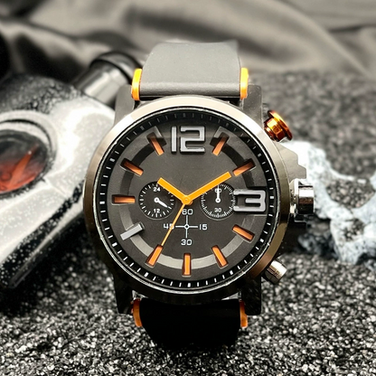 ⌚✨ Orologio al Quarzo Casual da Uomo – Design Sportivo Arancione & Nero, Cinturino in Silicone, Cassa 47mm, Movimento di Precisione 🏃💪