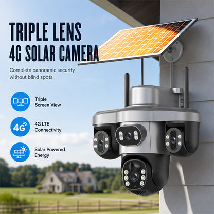 🛡️ 50% DI SCONTO – Telecamera di Sorveglianza Solare WiFi con Tre Obiettivi & Tre Viste – Testa PTZ Rotante, Basso Consumo – Per Esterni Senza Corrente 📡