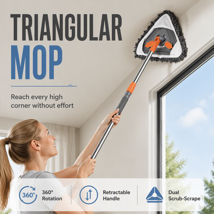 🧹✨ Mocio Triangolare con Asta Telescopica - Testa Girevole 360° | Raschietto in Silicone | Panni in Microfibra & Chenille | Ideale per Vetri, Soffitti, Angoli & Mobili | 78-112 cm