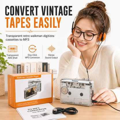 📼Lettore Cassette e Convertitore MP3 Portatile  | Digitalizza Nastri in Audio Stereo Hi-Fi 🎵 | Design Trasparente Vintage con Jack 3,5 mm 🎧 | Connessione USB-C 💻