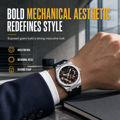 Orologio al Quarzo Sportivo da Uomo Stile Meccanico con Lancette Luminose, Datario e Impermeabile