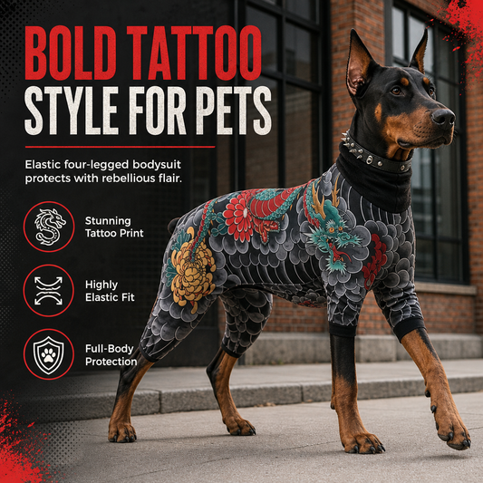 Tutina per Cani e Gatti con Stampa Tatuaggio – Tuta Elastica a 4 Zampe Antipelo per Tutte le Stagioni 🐾