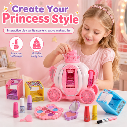👑 Carrozza a Zucca Valigetta Trucchi Bambina con Timbro Unghie 💅 Set Make-Up Lavabile con Vassoi Rotanti | Cosmetici Sicuri Atossici Regalo Compleanno per Piccole Principesse ✨