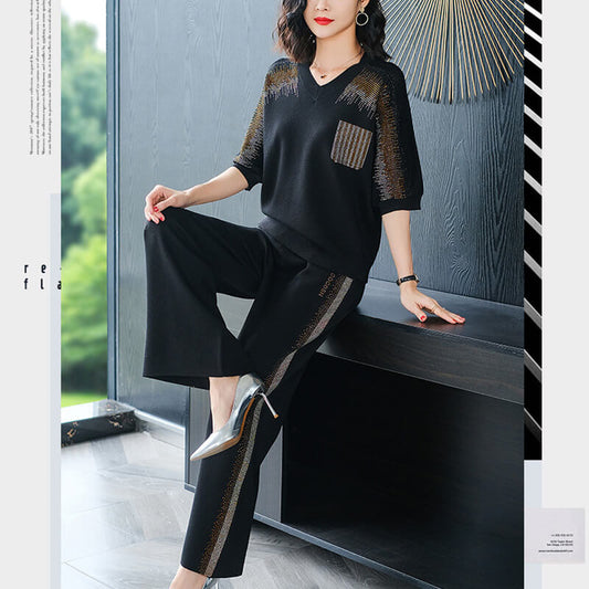 Slim diamond sweater wide leg trousers casual two-piece set