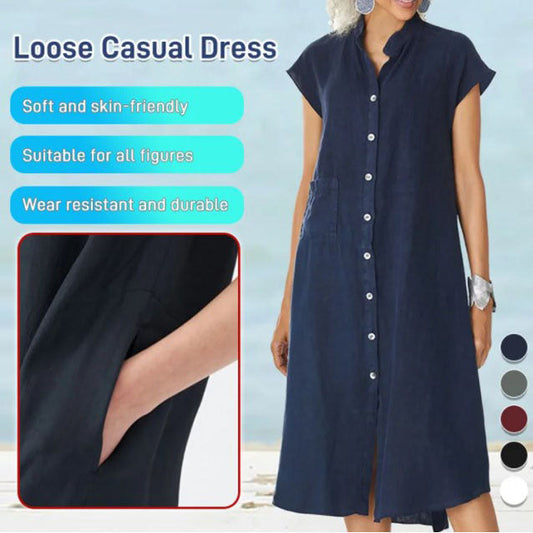 Women’s Button-down Loose Dress with Pocket