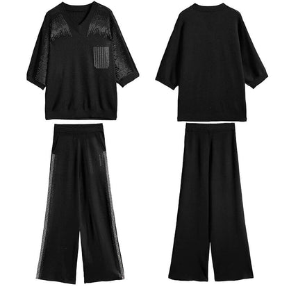 Slim diamond sweater wide leg trousers casual two-piece set