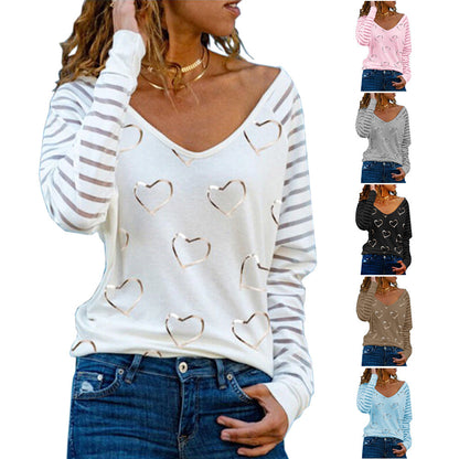 Plus Size V-neck love print long-sleeved T-shirt