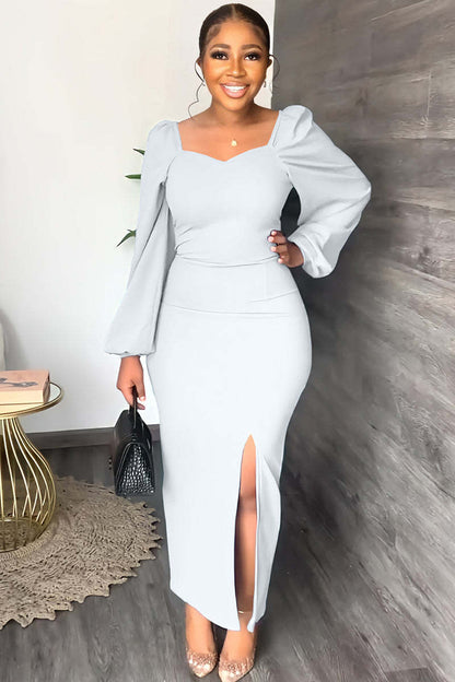 Long Sleeve Square Neck Slit Maxi Dresses