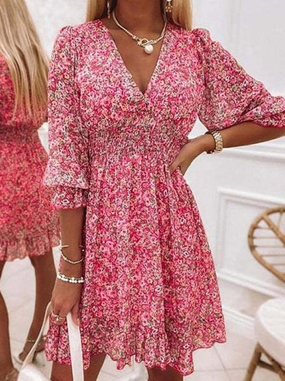 V-Neck Pleated Floral Print Mini Dress