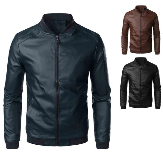 Slim-fit Stand Collar PU Leather Jacket