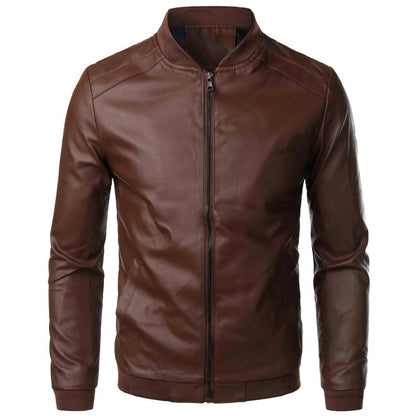 Slim-fit Stand Collar PU Leather Jacket